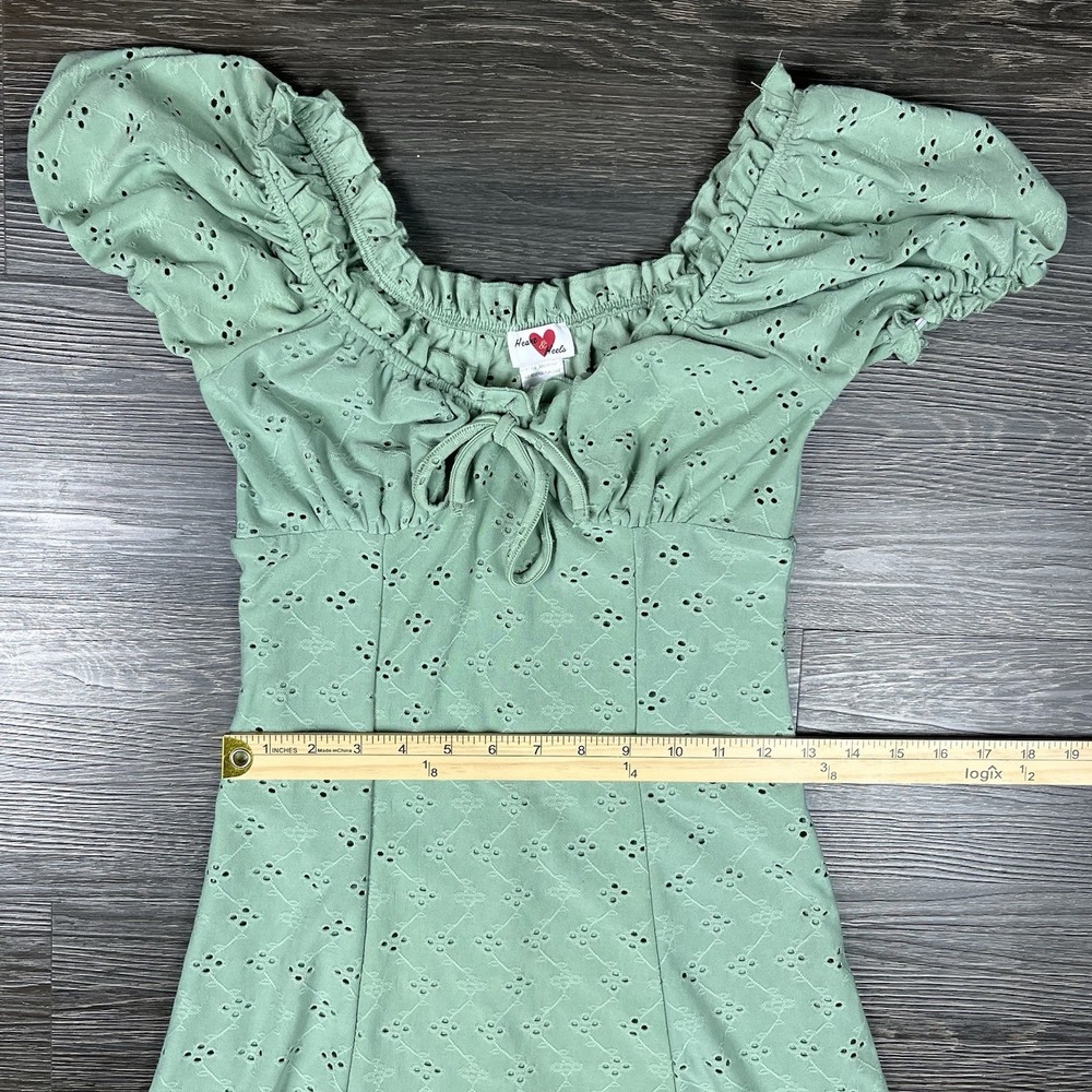 Heart & Heels Babydoll Mini Dress Size Small Green Y2K Coquette Milkmaid Eyelet - Picture 6 of 9